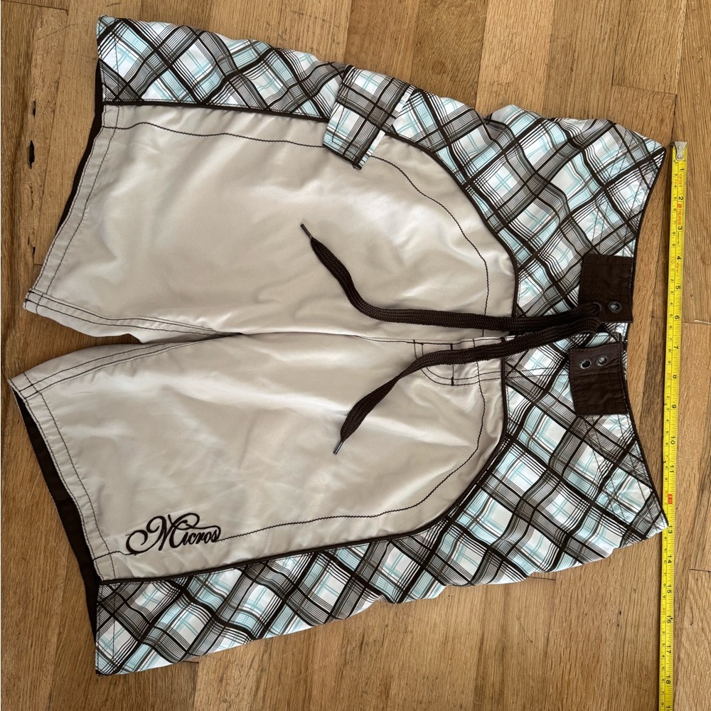 Micros Beige Hybrid Swim Shorts with Brown & Light Blue Plaid Trim